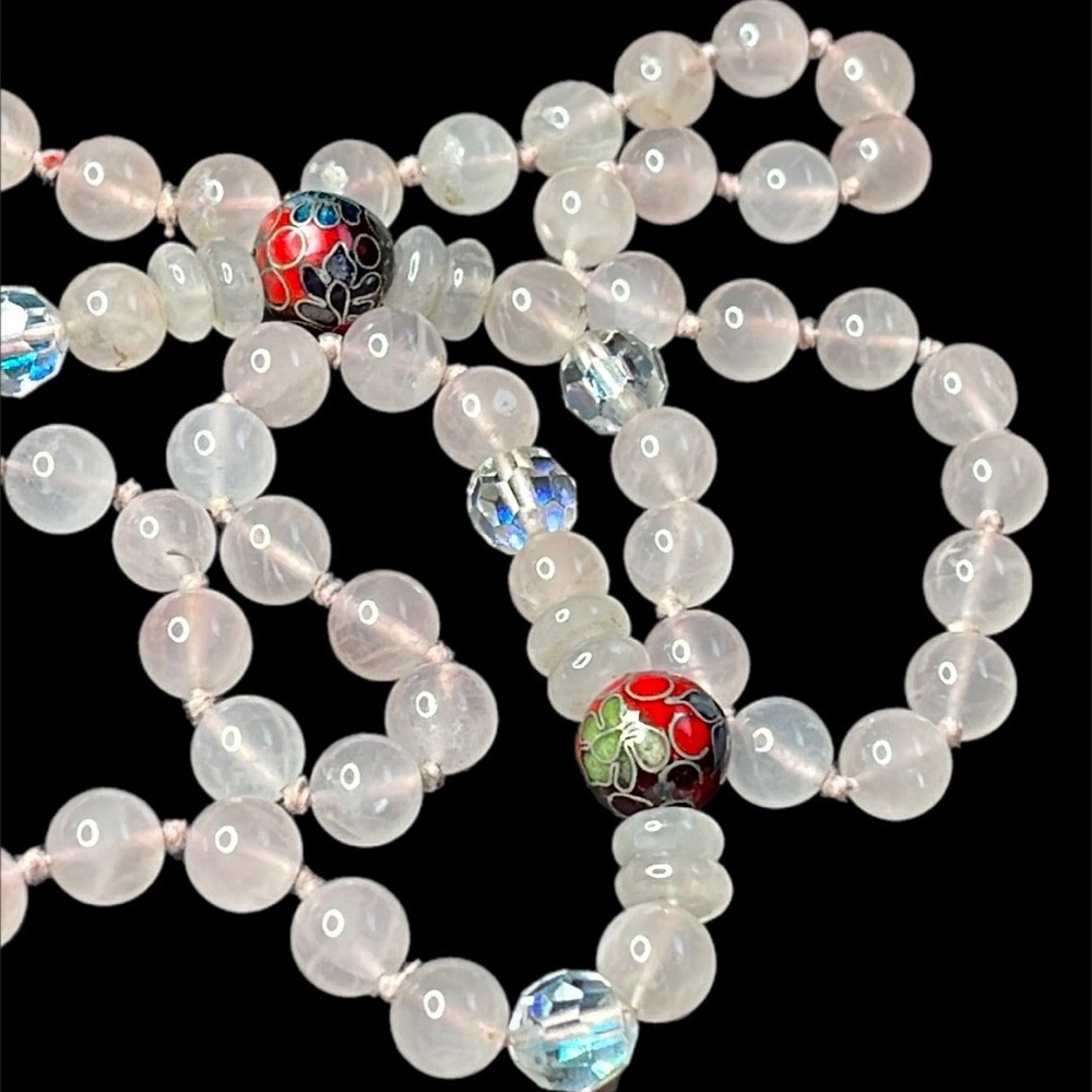 Pink Rose Quartz Beaded Necklace w Cloisonne & Aurora Borealis Accent Be…